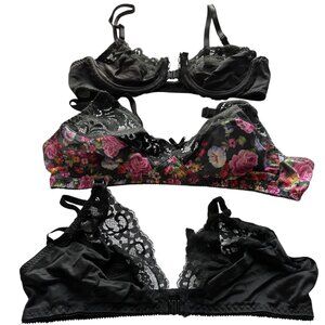 Lot of (3) Women's Bras Black Floral Underwire Size 36B Back, Front Closure